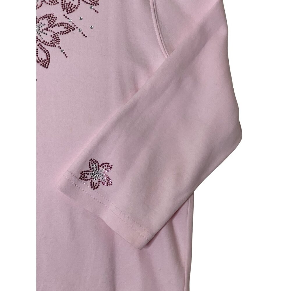 Isaac's Designs Pink Long Sleeve Shirt W/ Floral Rhinestones M Combed Cotton - Picture 3 of 10
